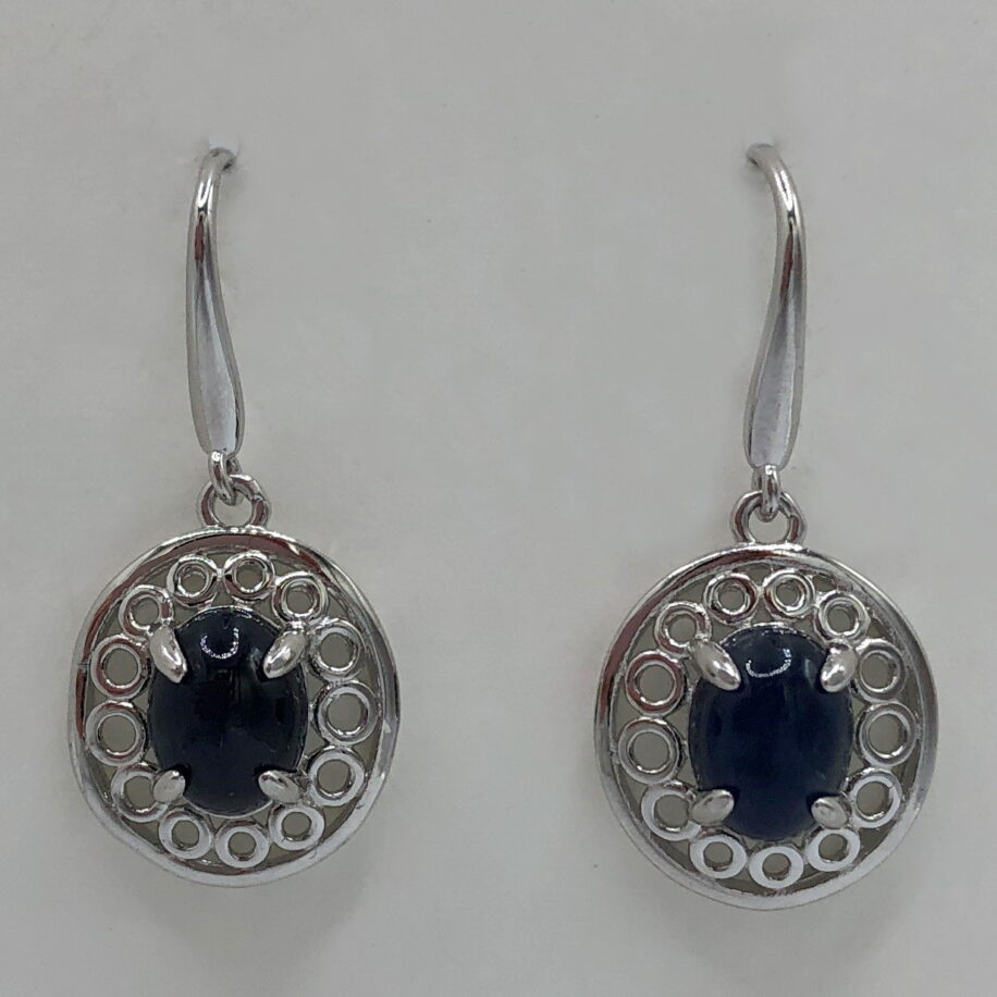 Sterling Silver Earrings with Blue Sapphire Cabochon by Val Nunns at The Avenue Gallery, a contemporary fine art gallery in Victoria, BC, Canada.
