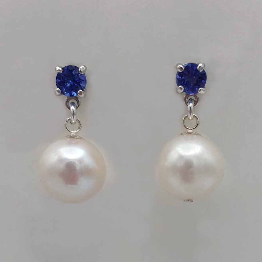 Tanzanite & White Pearl Earrings with Sterling Silver Settings by Val Nunns at The Avenue Gallery, a contemporary fine art gallery in Victoria, BC, Canada.