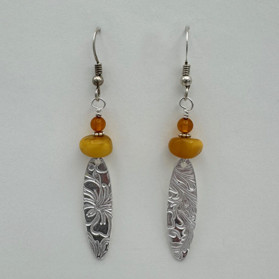 Fine Silver Textured Ovals Earrings with Amber by Veronica Stewart at The Avenue Gallery, a contemporary fine art gallery in Victoria, BC, Canada.