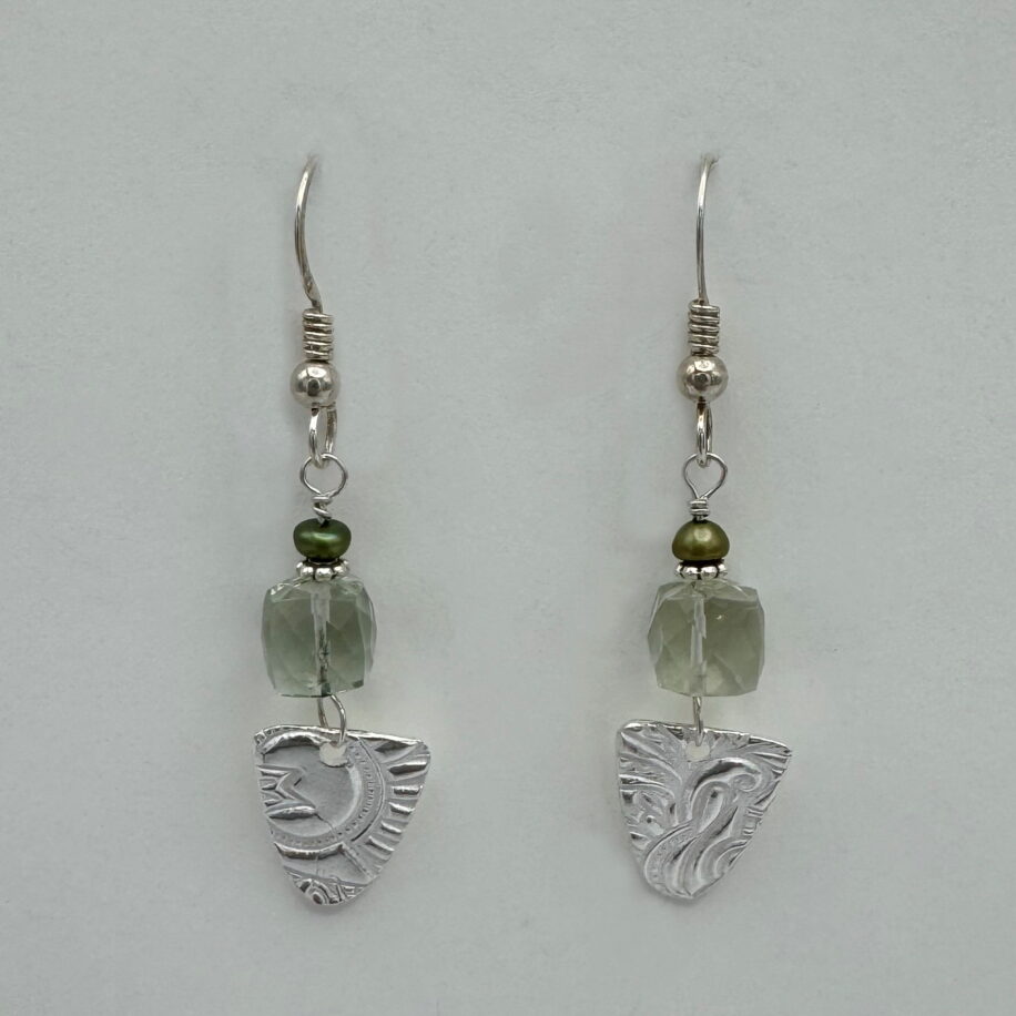 Fine Silver Textured Drops Earrings with Green Quartz by Veronica Stewart at The Avenue Gallery, a contemporary fine art gallery in Victoria, BC, Canada.