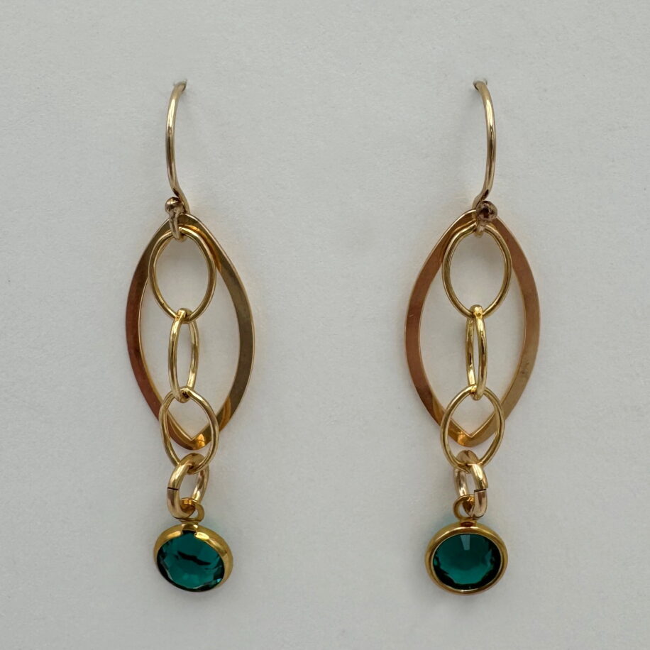Gold-Fill Earrings with Green Crystals by Veronica Stewart at The Avenue Gallery, a contemporary fine art gallery in Victoria, BC, Canada.