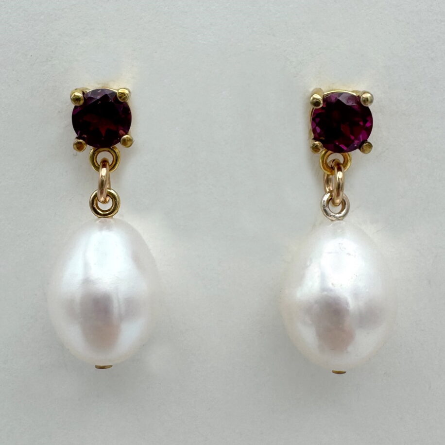 White Freshwater Pearl & Raspberry Garnet Earrings by Val Nunns at The Avenue Gallery, a contemporary fine art gallery in Victoria, BC, Canada.